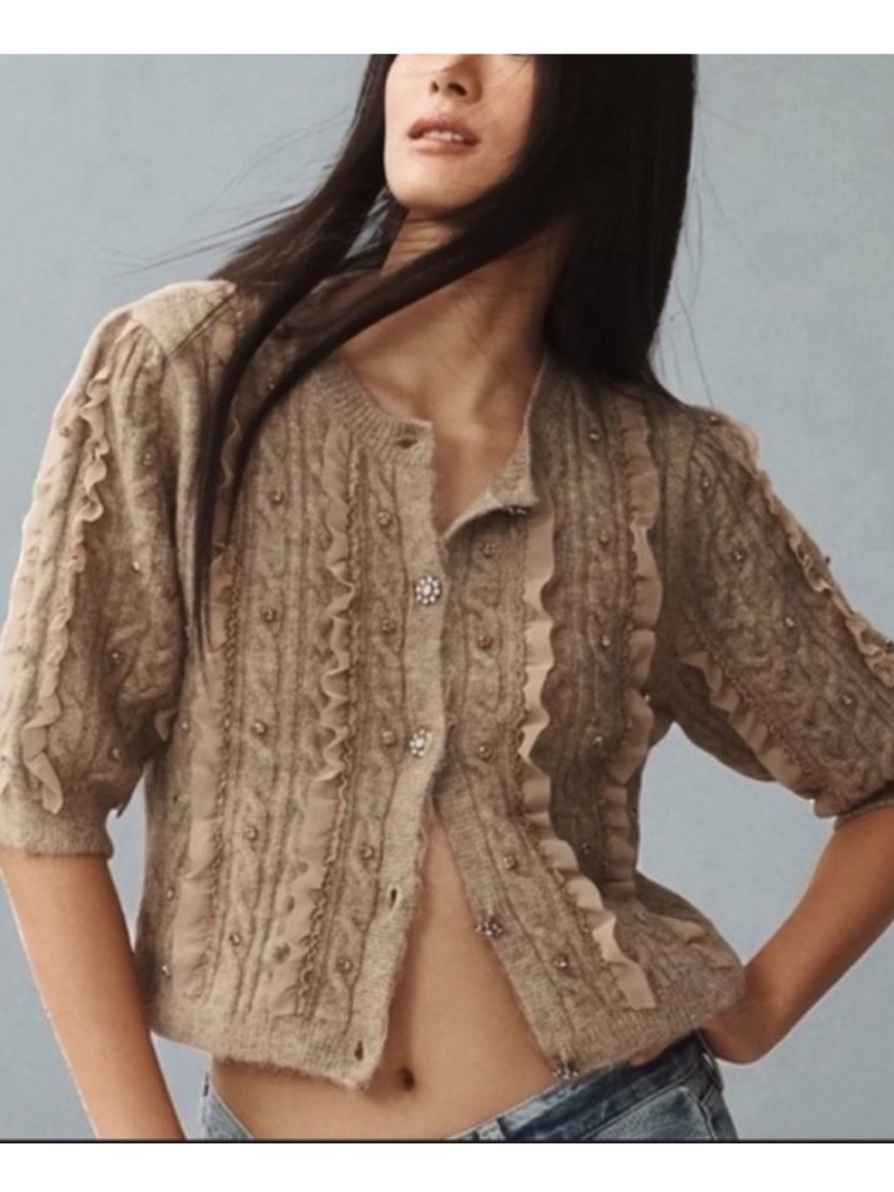 Anthropologie Taupe Beaded Ruffle Cable-Knit Cropped Cardigan
